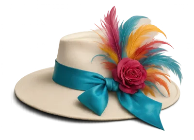 Elegant Cream Fedora With Teal Ribbon And Colorful Feathers