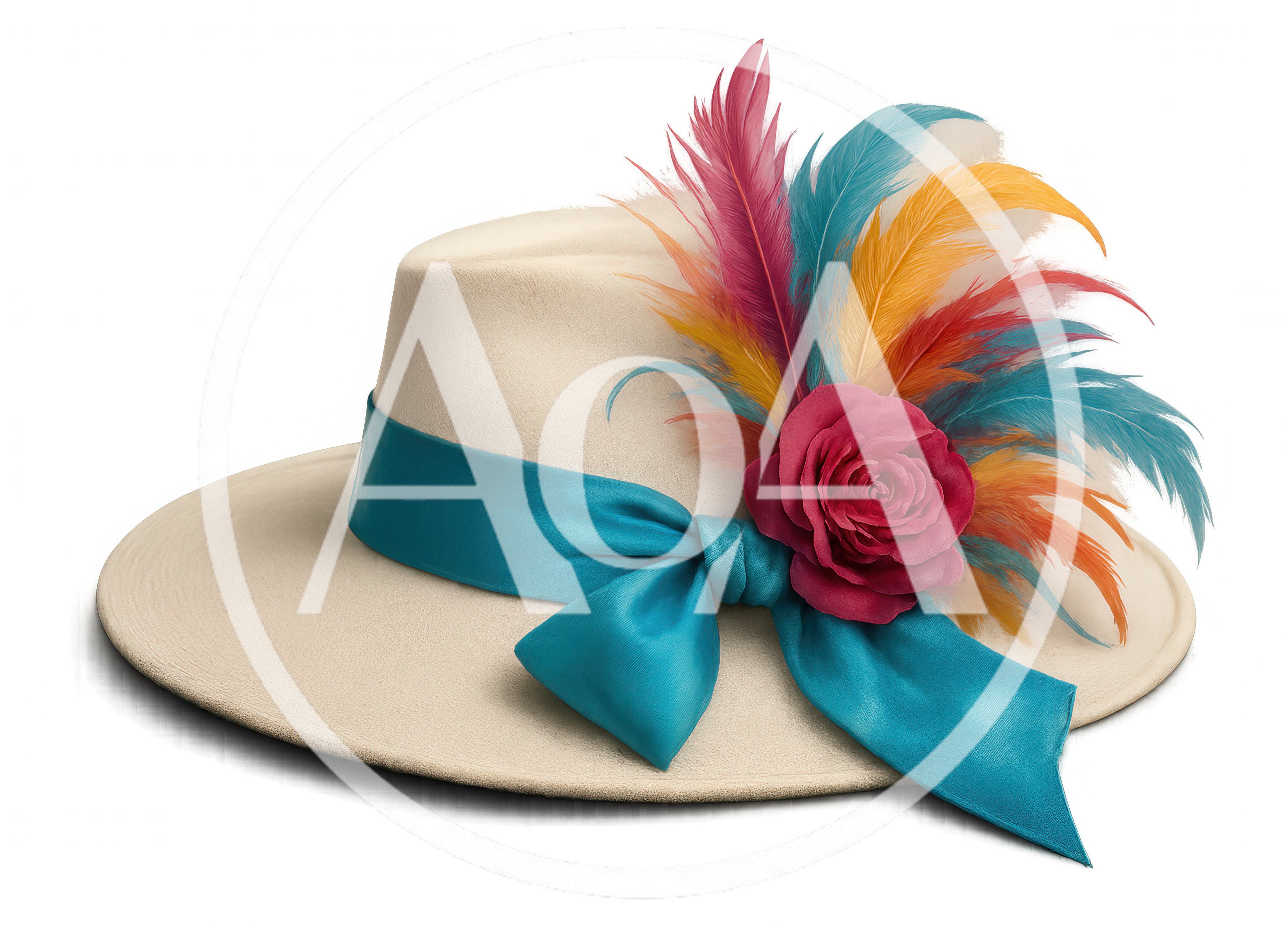 Elegant Cream Fedora With Teal Ribbon And Colorful Feathers