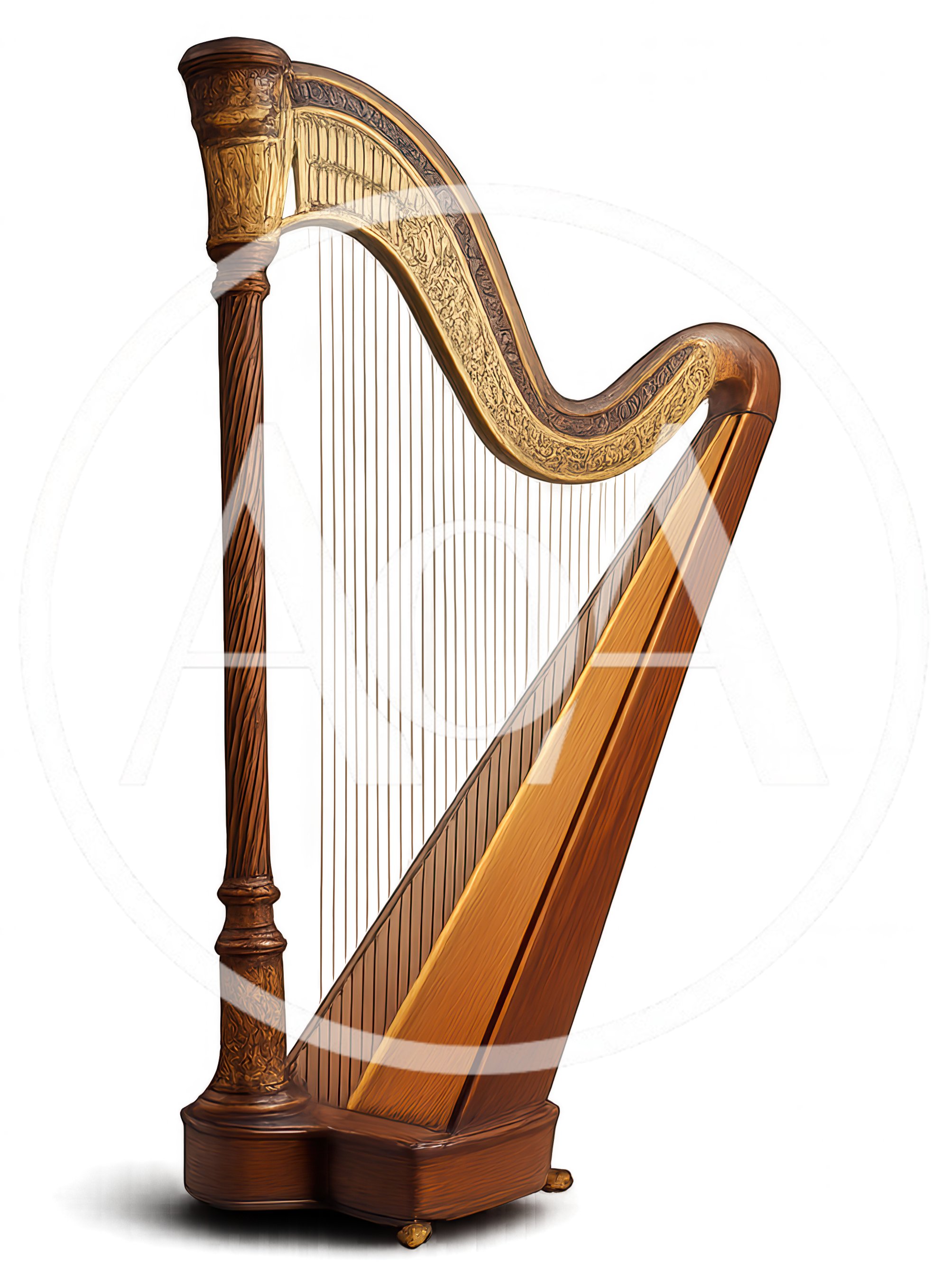 Elegant Wooden Concert Harp Isolated On White Background