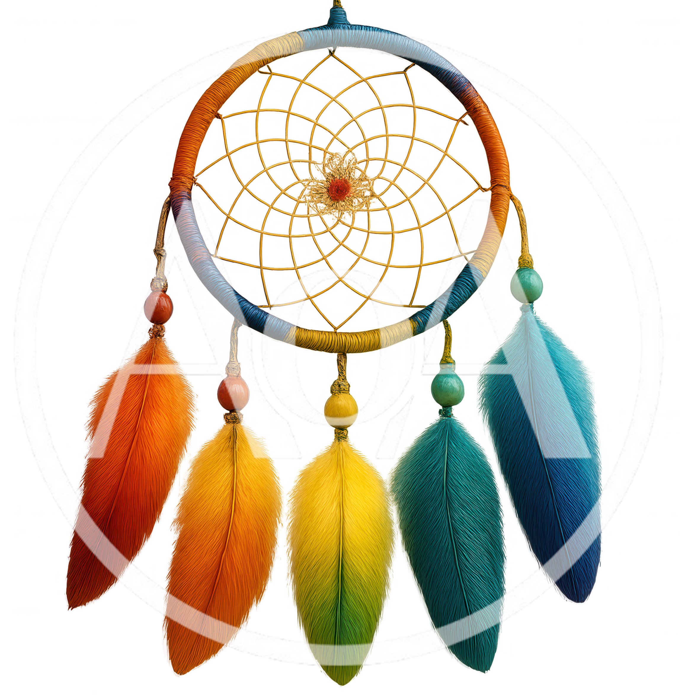 Colorful Dreamcatcher With Hanging Feathers On White Background