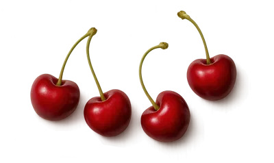 Four Fresh Red Cherries With Stems On White Background