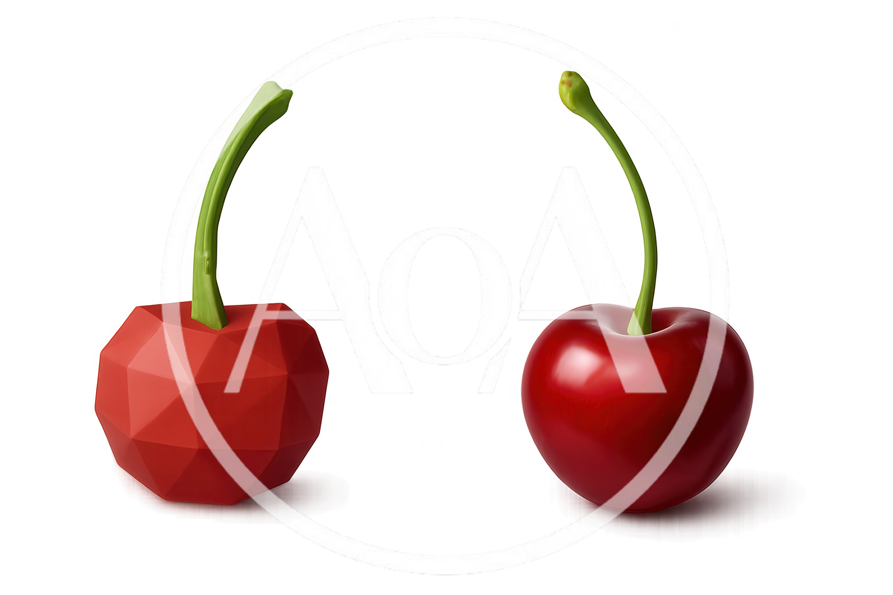 Geometric And Realistic Red Cherries Side By Side