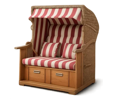 Classic Wicker Beach Chair With Red Striped Cushions