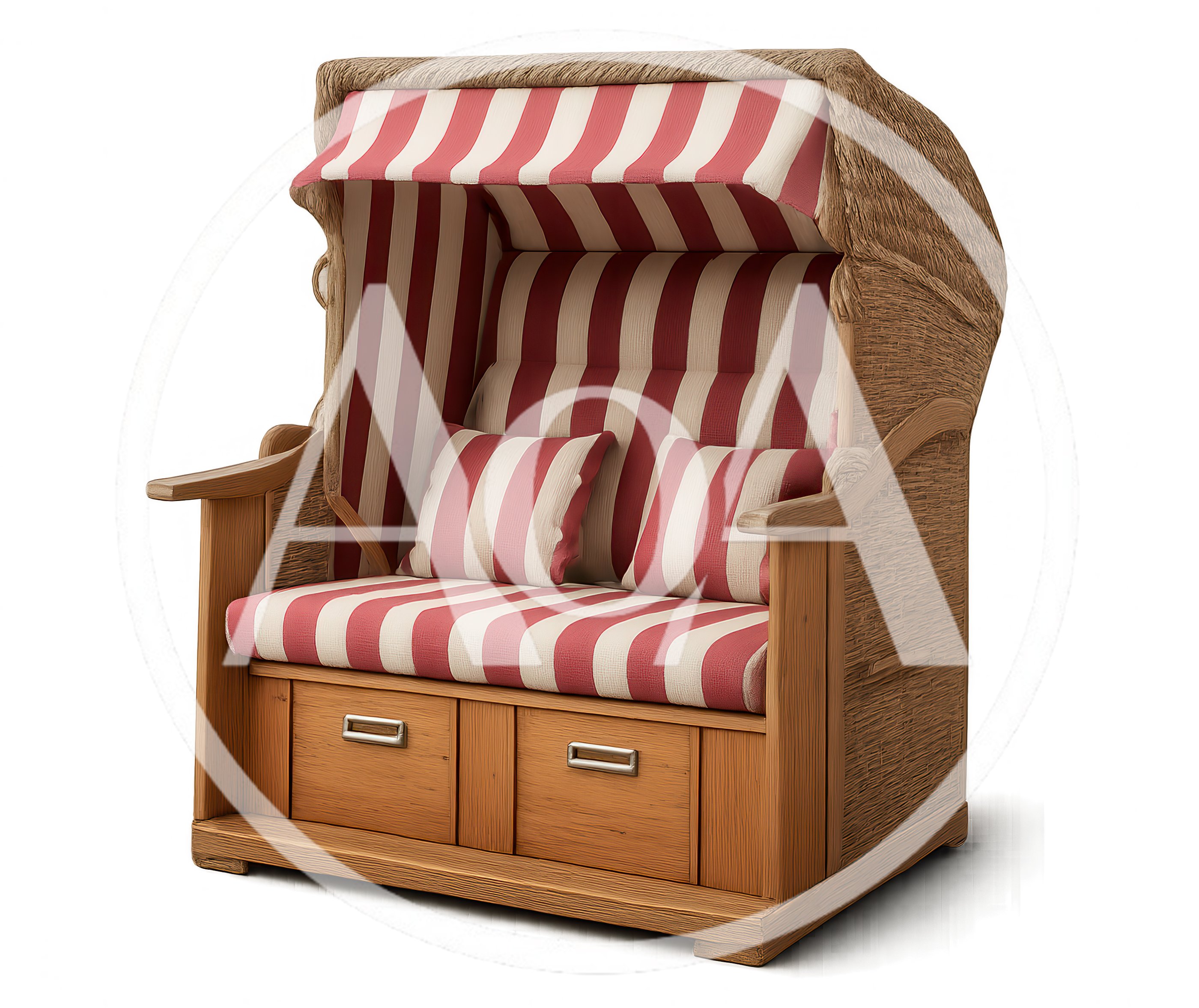 Classic Wicker Beach Chair With Red Striped Cushions