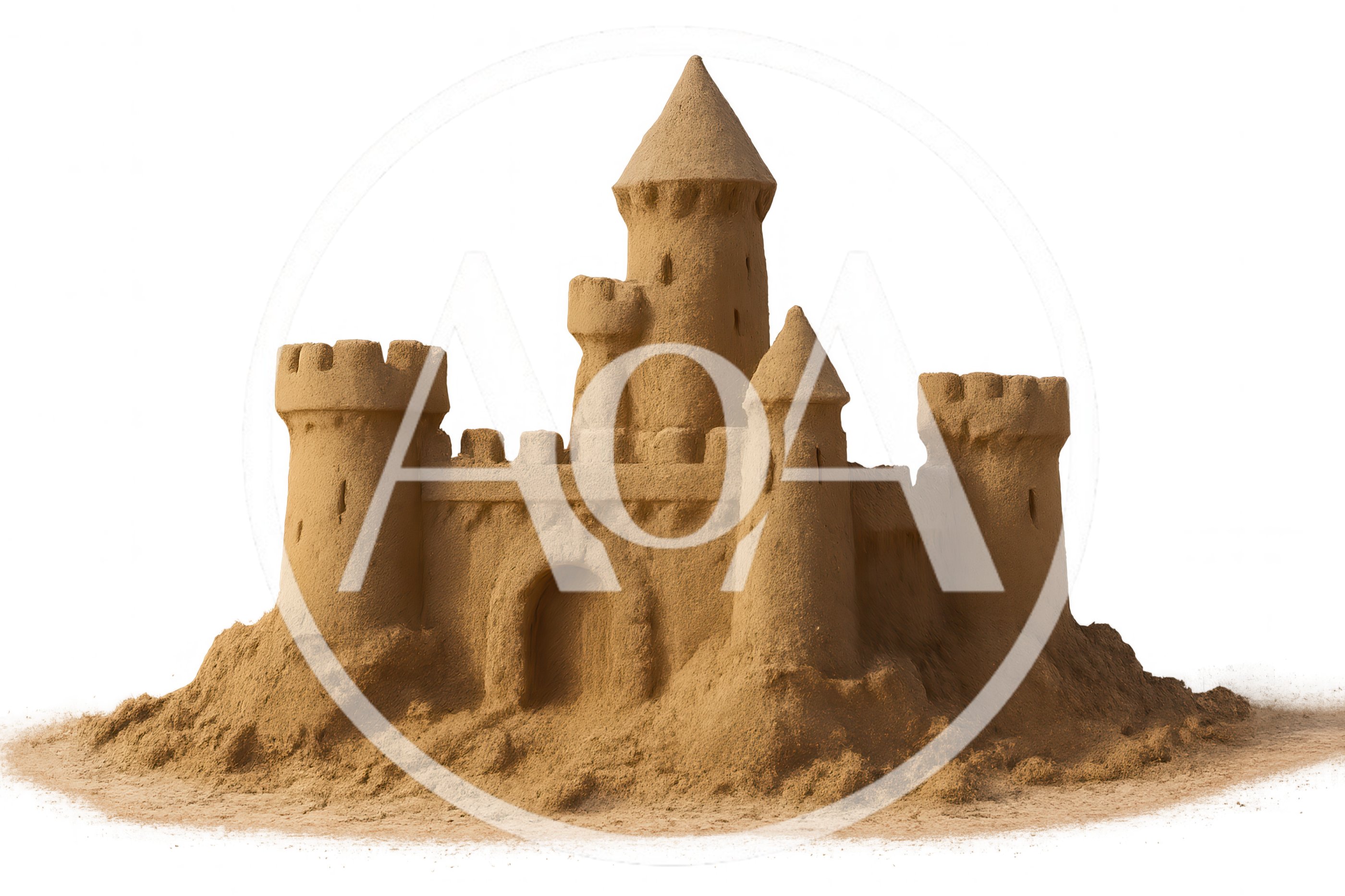 Detailed Sandcastle Sculpture Isolated On White Background