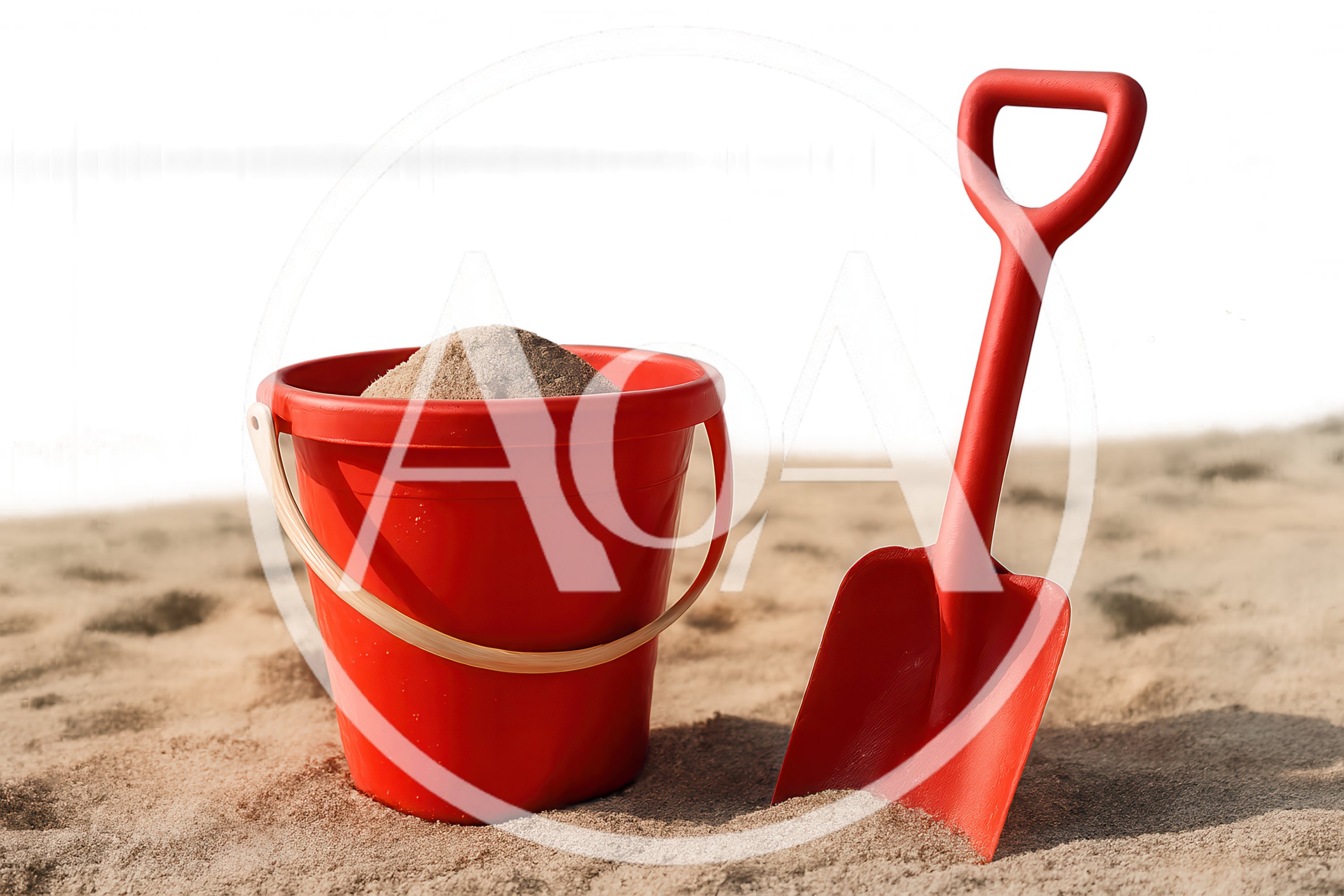Red Plastic Beach Bucket And Shovel In Sand