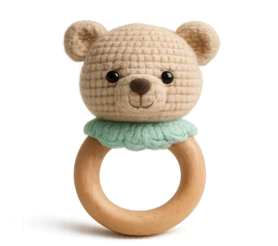 Crocheted Bear Baby Rattle With Wooden Ring