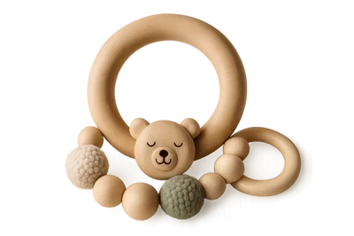 Wooden Bear Teether Toy With Textured Beads