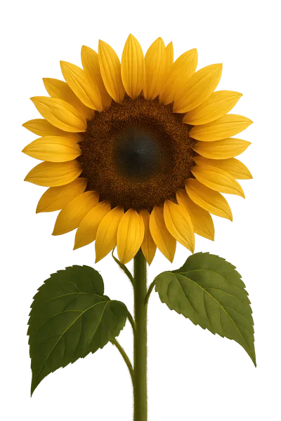 Single Vibrant Sunflower With Green Leaves On White Background