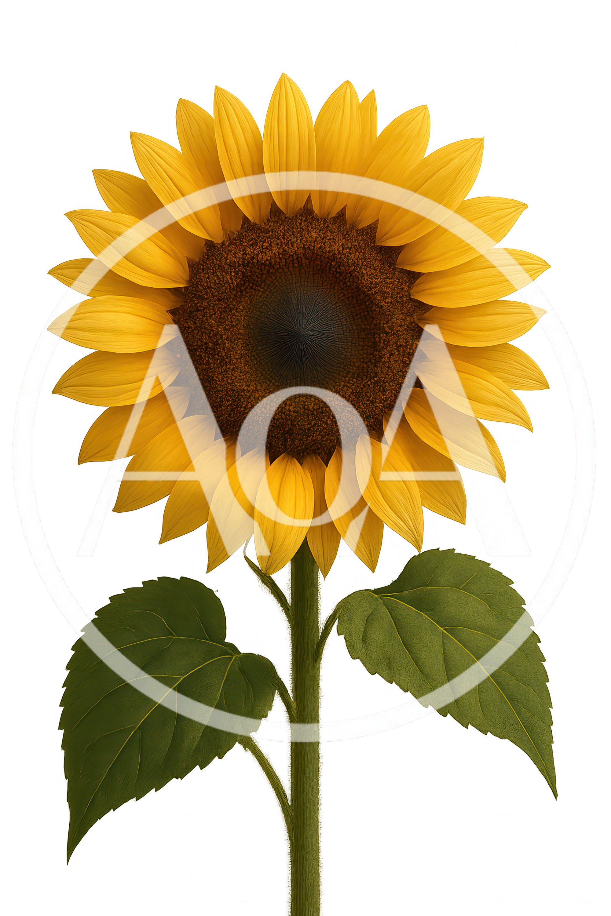 Single Vibrant Sunflower With Green Leaves On White Background