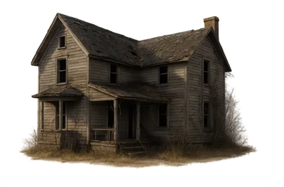 Abandoned Dilapidated Wooden Farmhouse Isolated On White Background