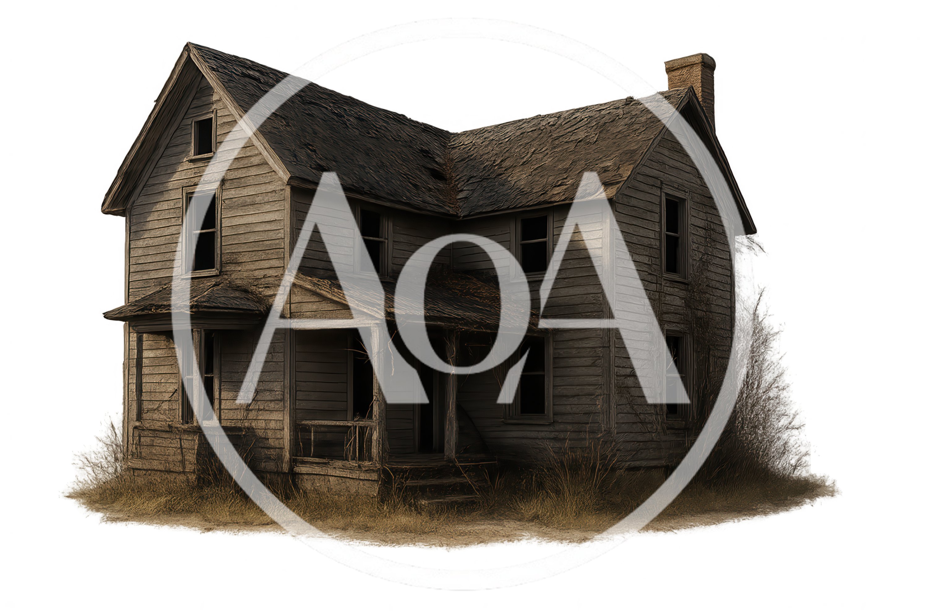 Abandoned Dilapidated Wooden Farmhouse Isolated On White Background