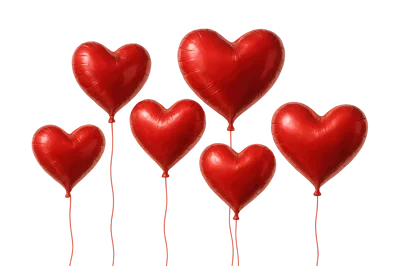 Six Red Heart Shaped Balloons Floating Against Dark Background