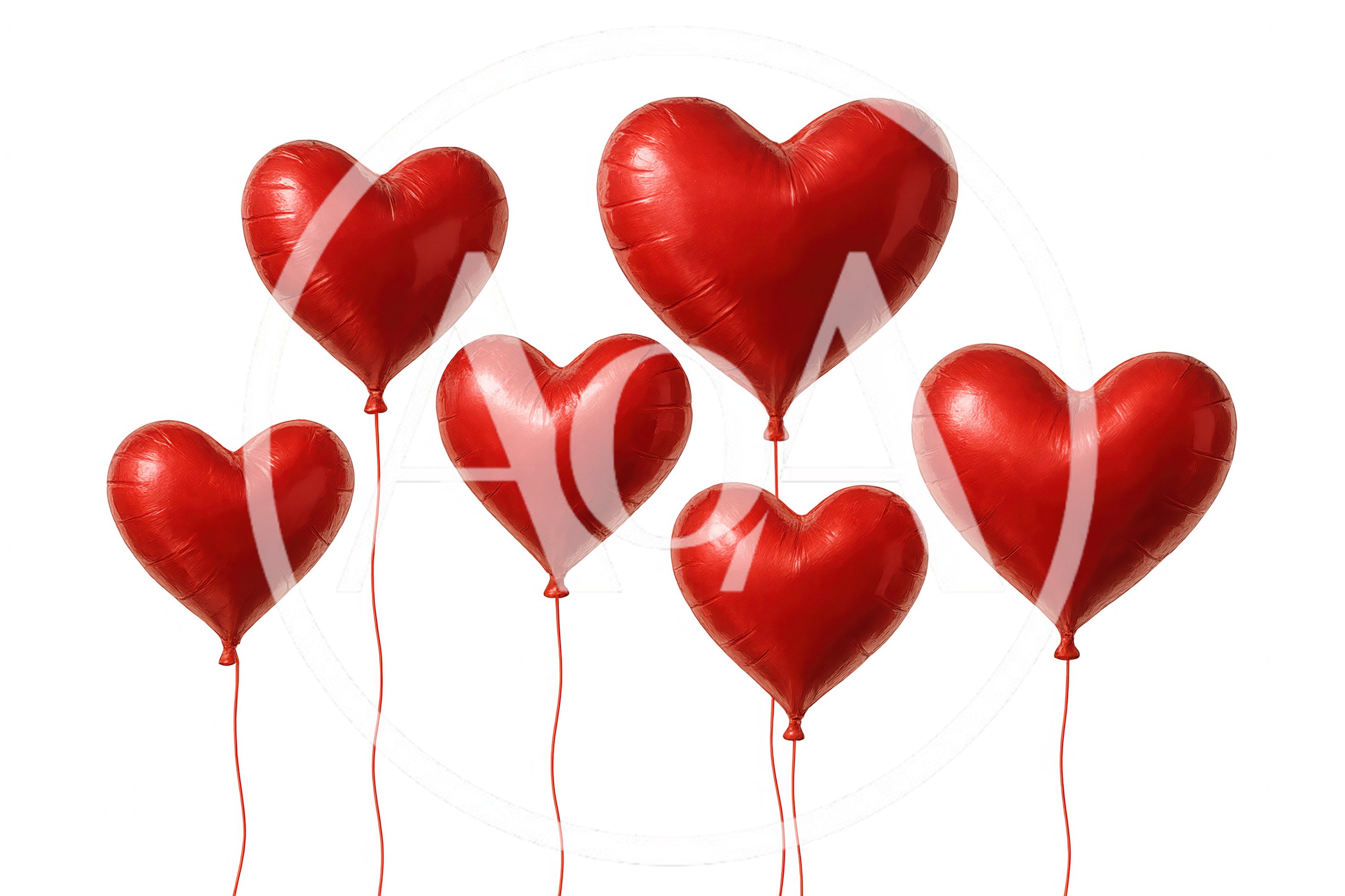 Six Red Heart Shaped Balloons Floating Against Dark Background