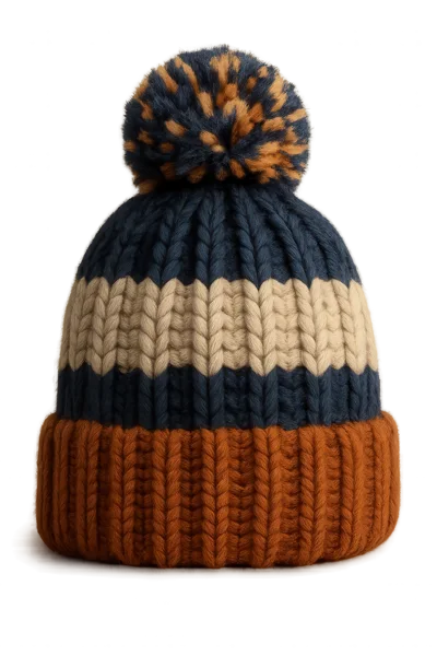 Striped Knit Winter Beanie With Pom Pom
