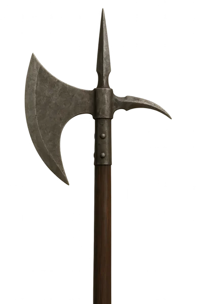 Medieval Poleaxe With Steel Blade And Wooden Shaft