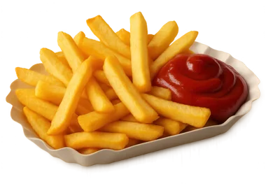 Golden French Fries With Ketchup In Paper Tray