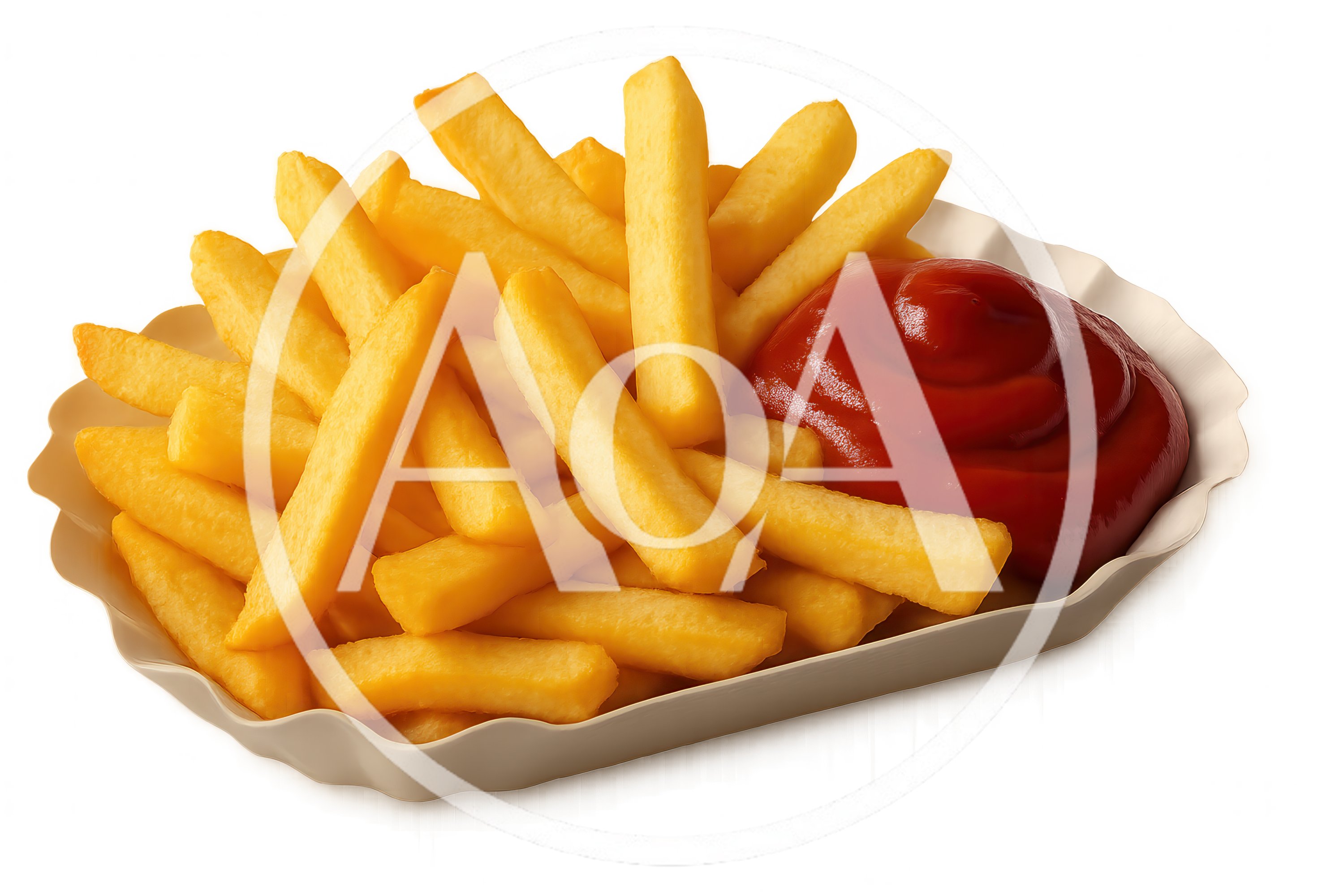 Golden French Fries With Ketchup In Paper Tray