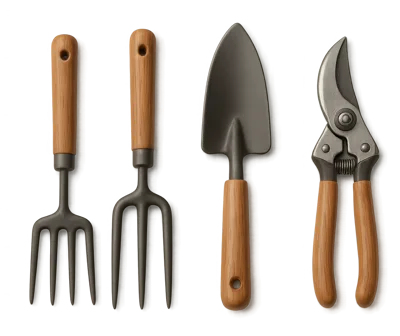 Set Of Gardening Tools With Wooden Handles