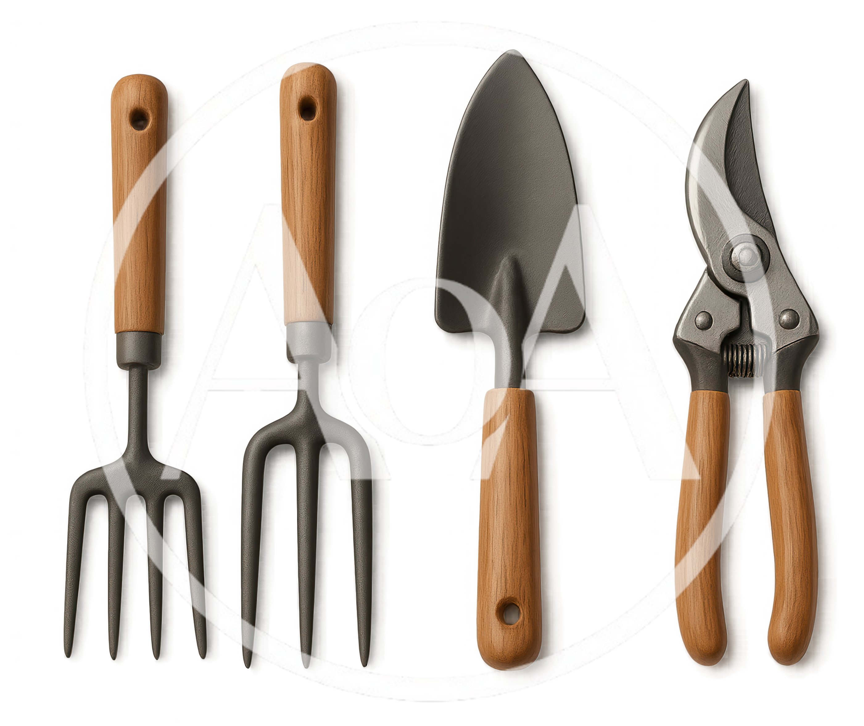 Set Of Gardening Tools With Wooden Handles
