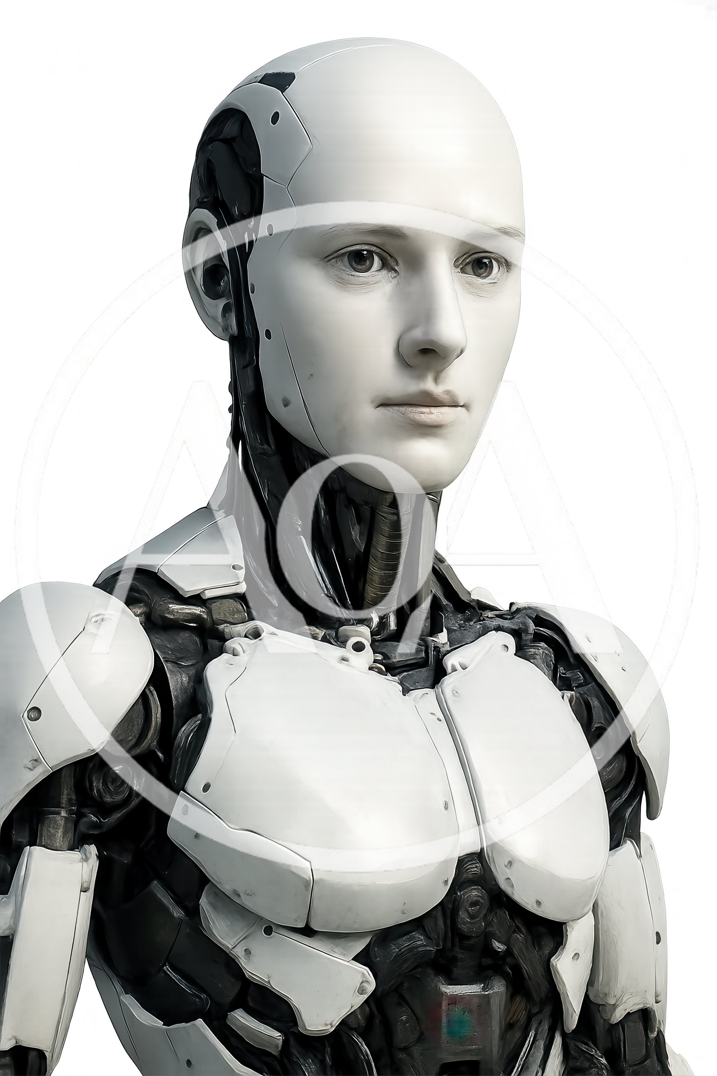 Humanoid Robot Portrait With Sleek White Mechanical Armor