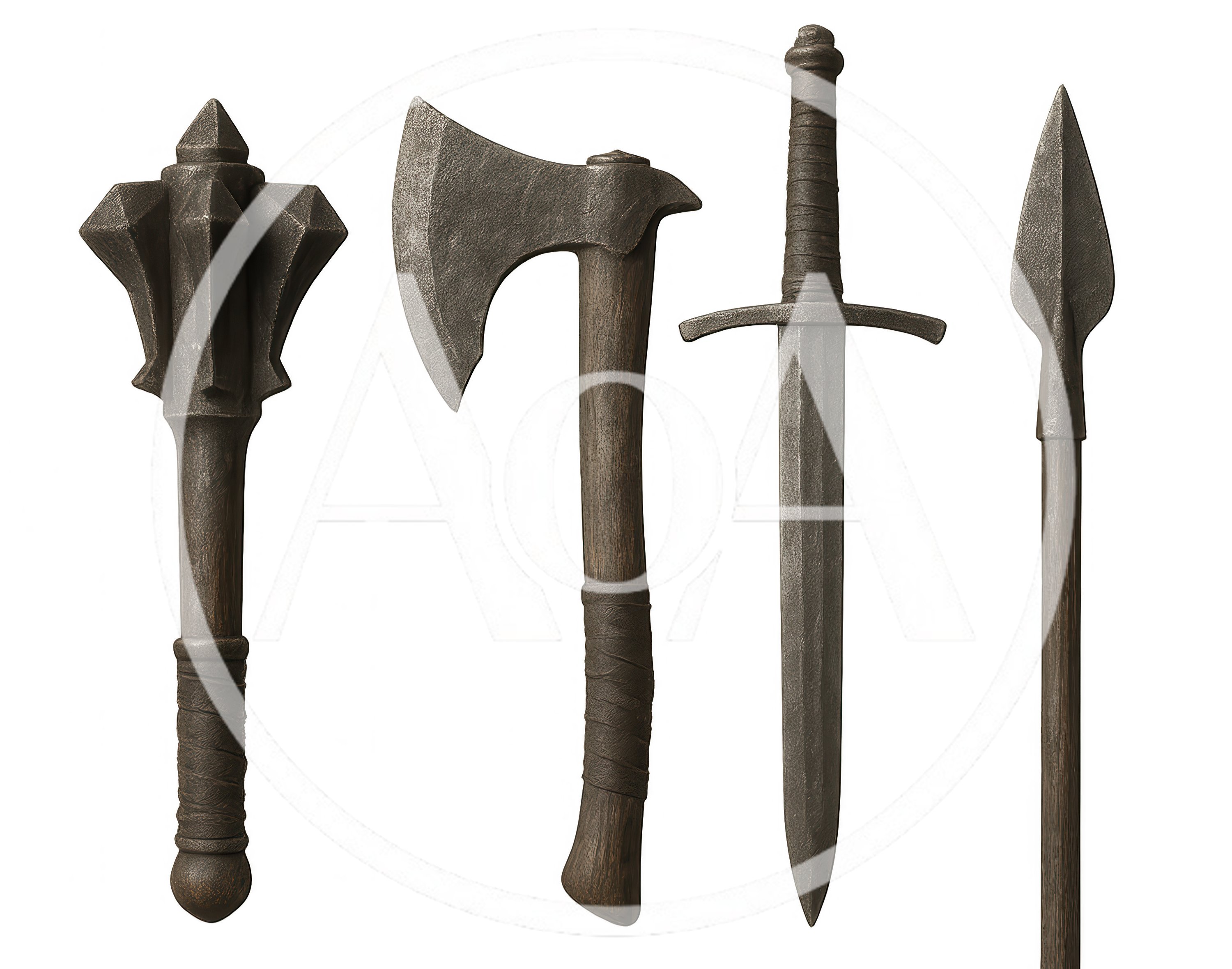 Set Of Four Medieval Weapons On White Background
