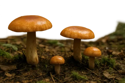 Four Brown Mushrooms Growing In Forest Soil