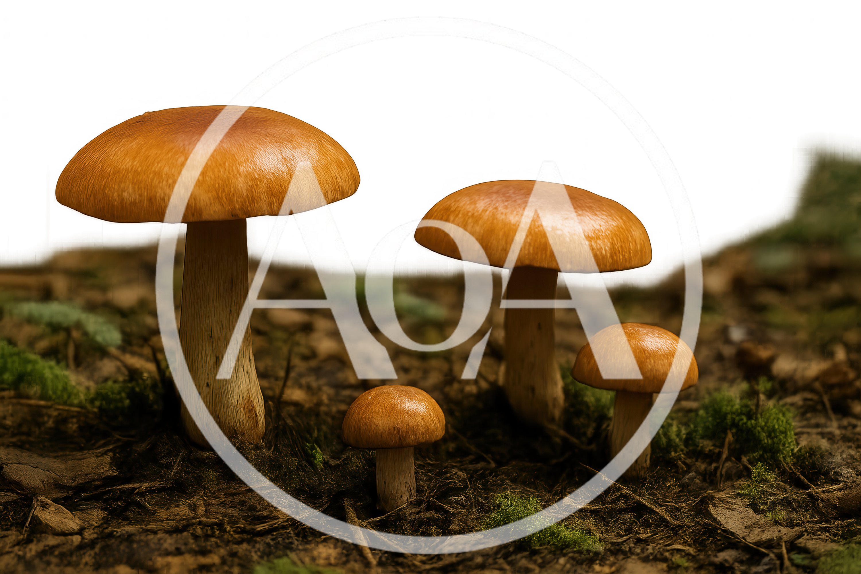 Four Brown Mushrooms Growing In Forest Soil