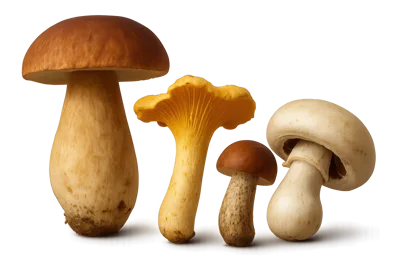 Four Assorted Edible Mushrooms Isolated On White Background