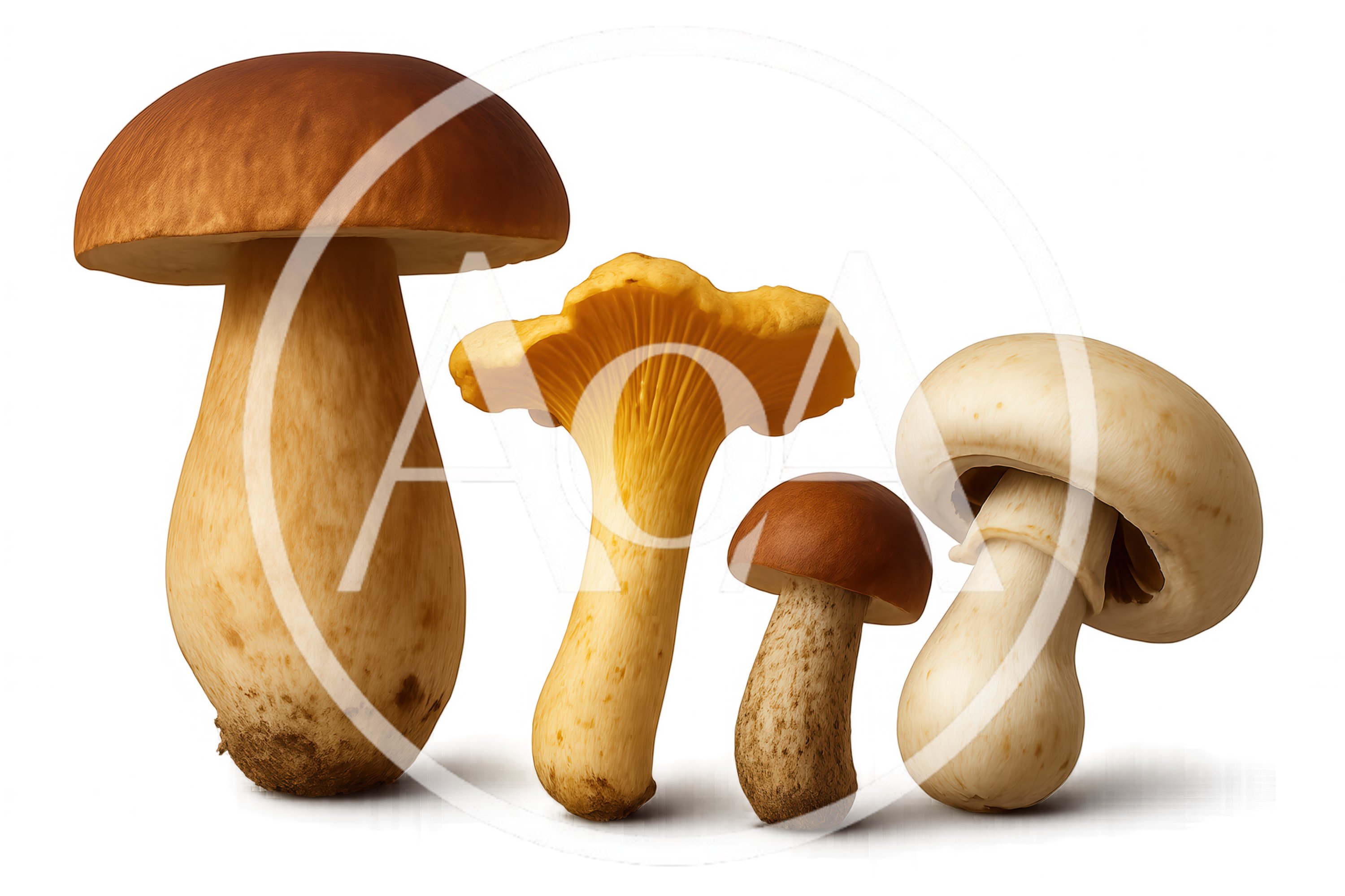 Four Assorted Edible Mushrooms Isolated On White Background