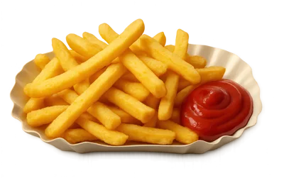 Golden French Fries With Ketchup On Paper Tray