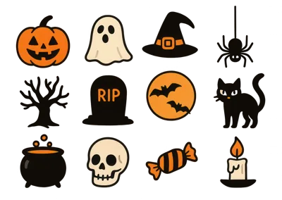 Set Of Twelve Flat Halloween Themed Vector Icons