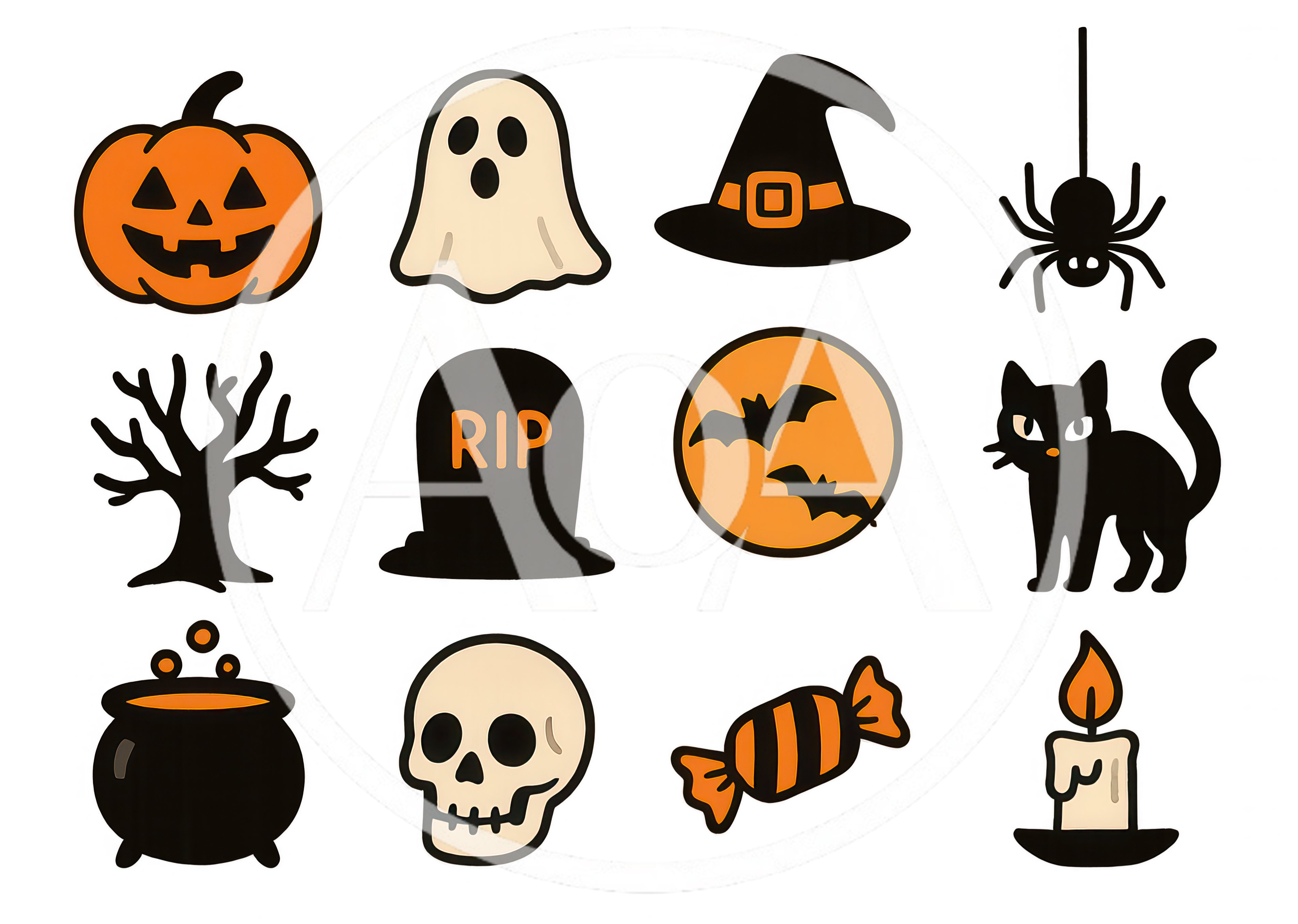 Set Of Twelve Flat Halloween Themed Vector Icons