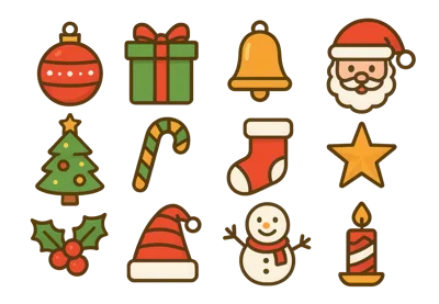 Set Of Twelve Flat Christmas Holiday Icons