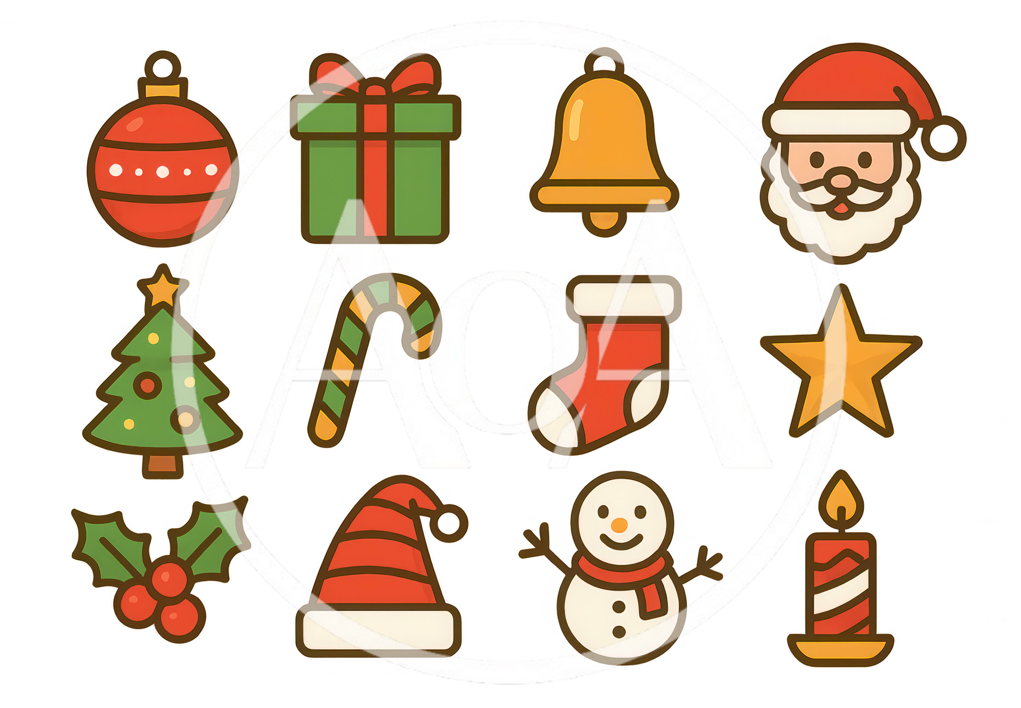 Set Of Twelve Flat Christmas Holiday Icons