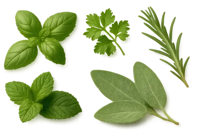 Fresh Culinary Herbs Arranged On A Green Background