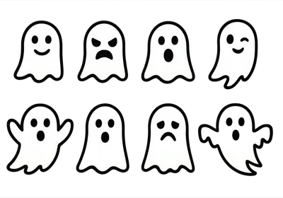 Set Of Eight Cartoon Ghost Icons With Various Expressions