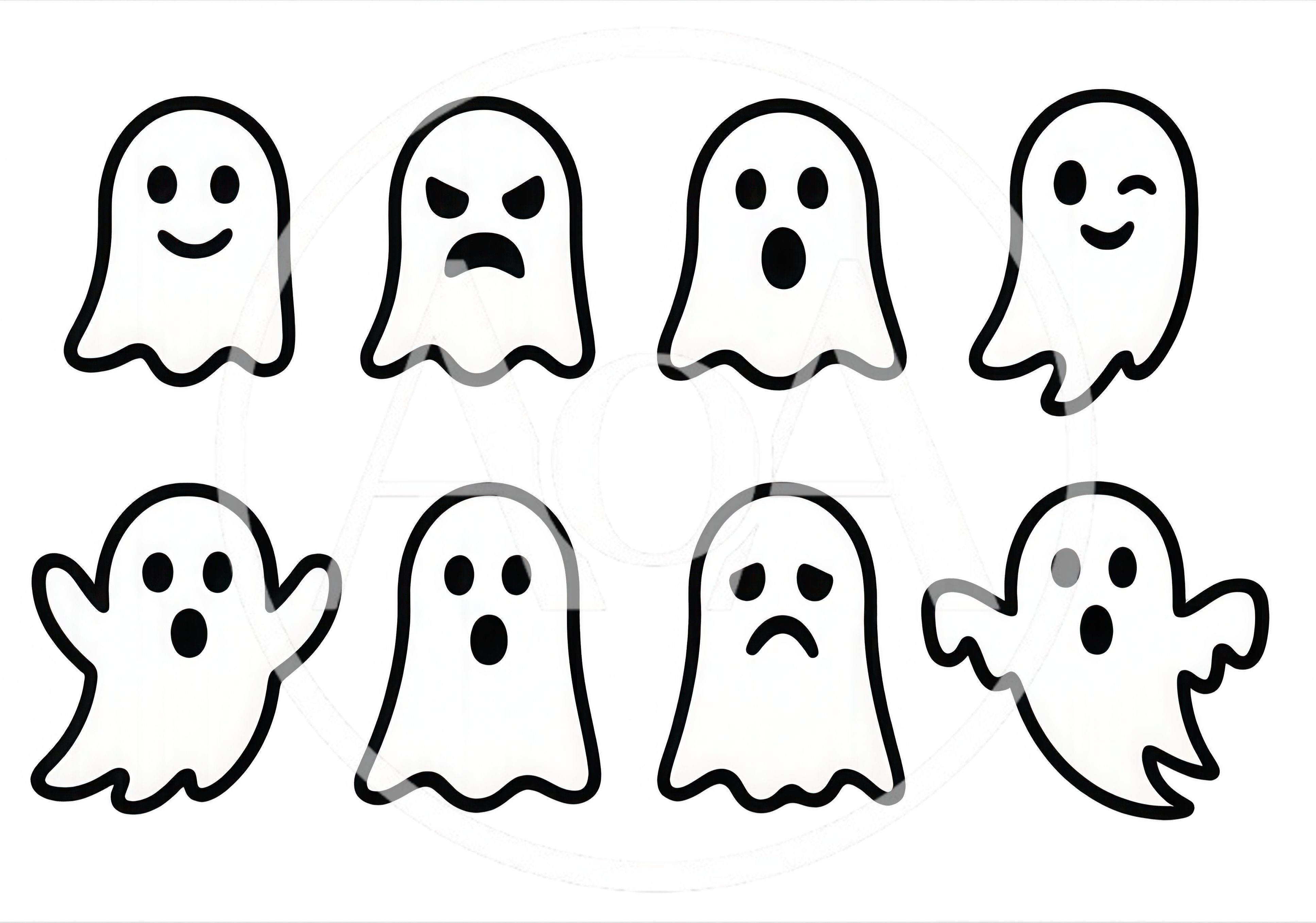 Set Of Eight Cartoon Ghost Icons With Various Expressions