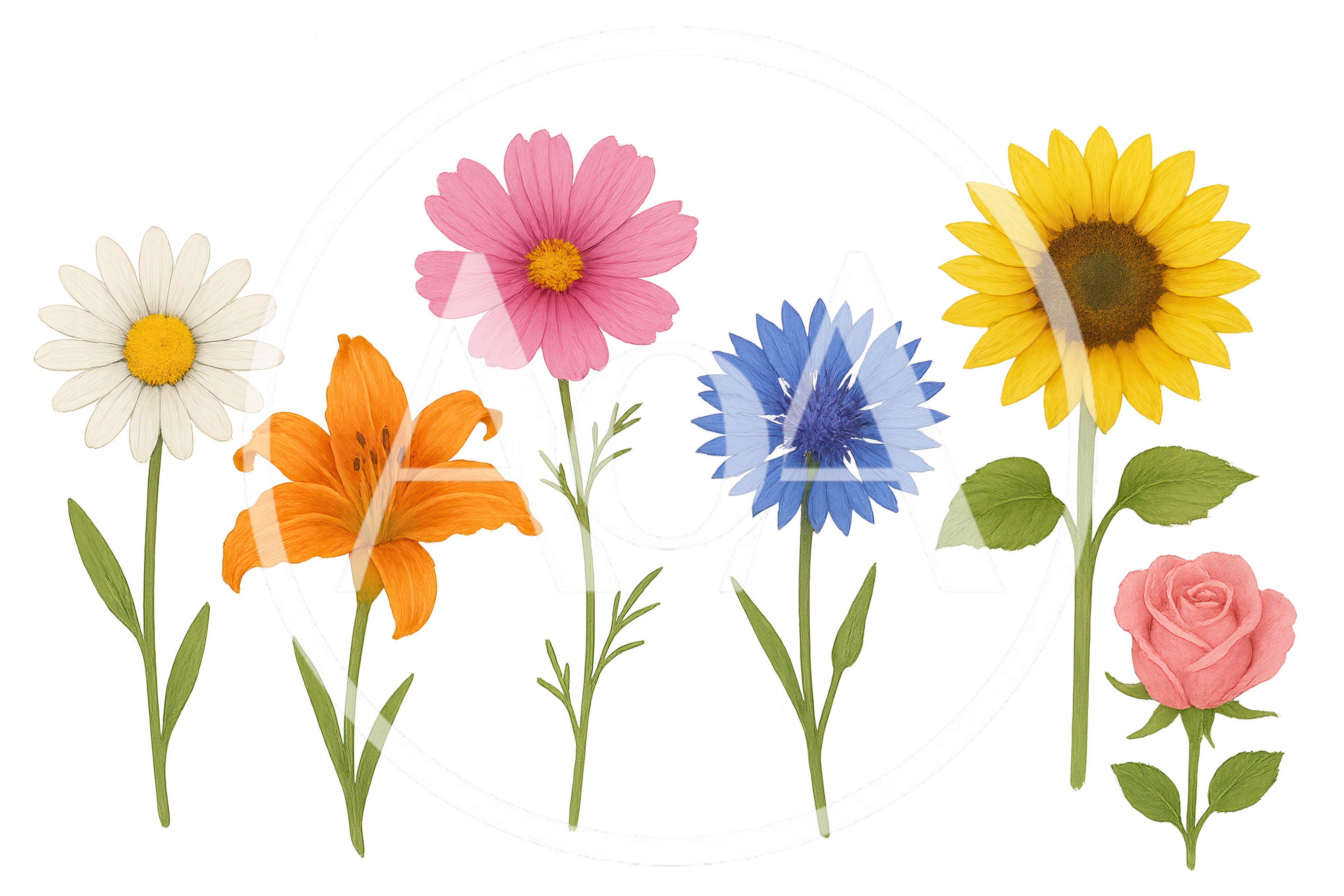 Collection of Six Colorful Botanical Flower Illustrations