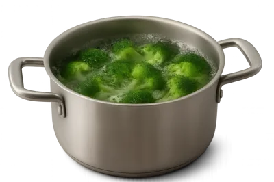 Fresh Broccoli Florets Boiling In A Metal Pot