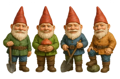 Four Decorative Garden Gnomes Standing In A Row