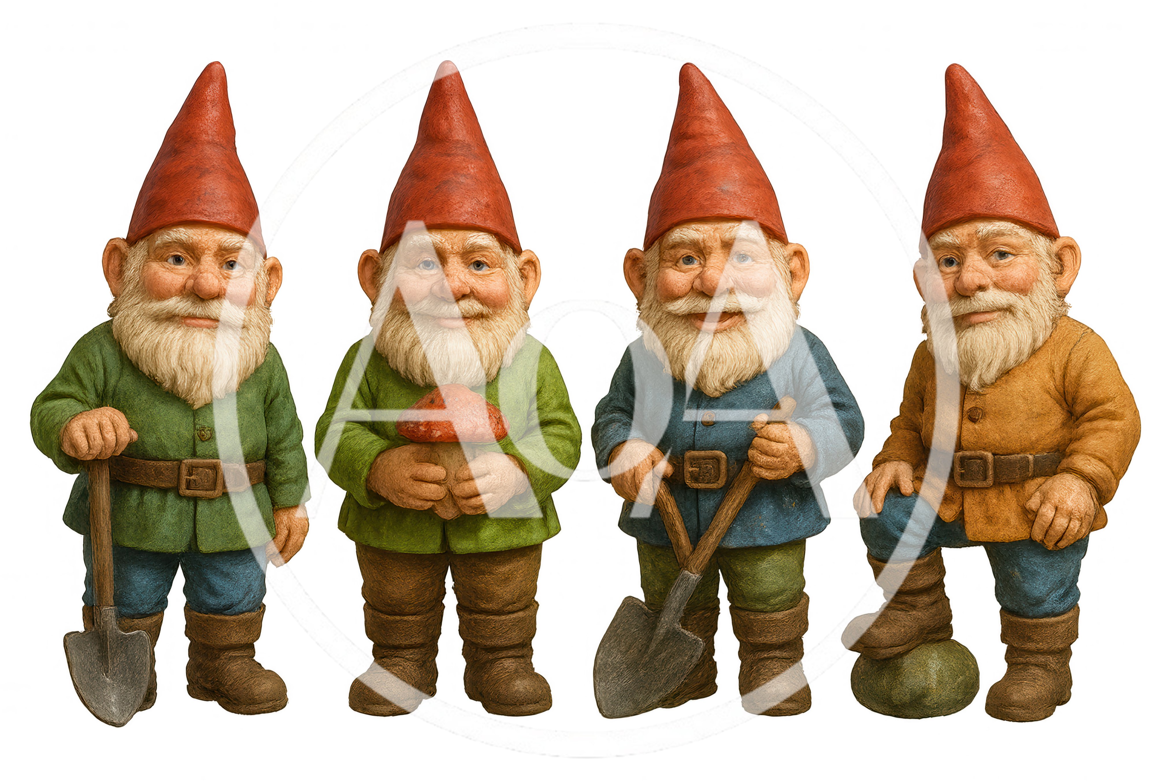 Four Decorative Garden Gnomes Standing In A Row