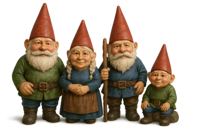 Four Garden Gnome Statues Standing Together