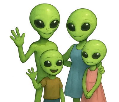 Cartoon Alien Family Portrait Waving Hello