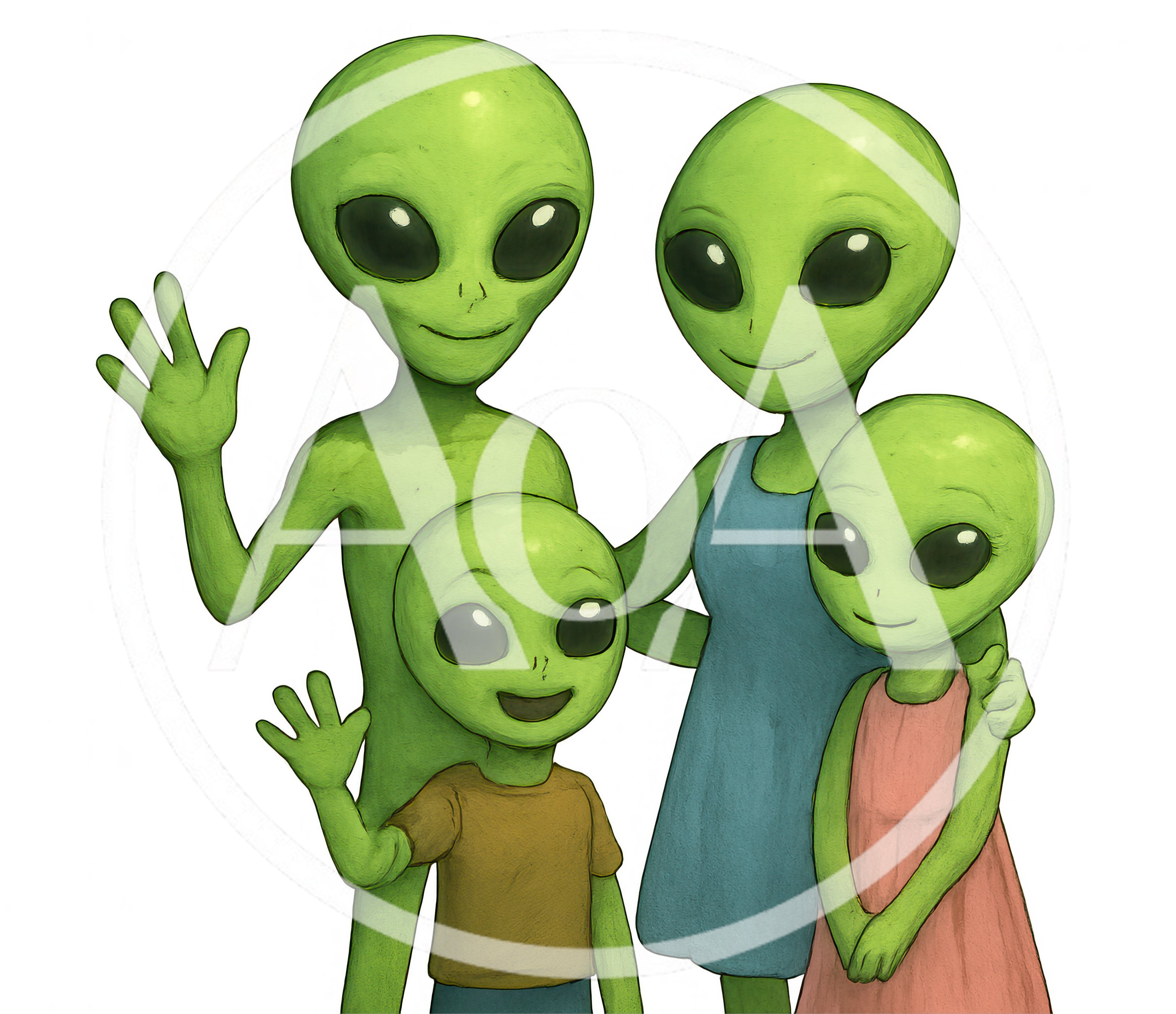 Cartoon Alien Family Portrait Waving Hello