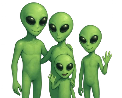 Family Of Four Green Aliens Standing Together