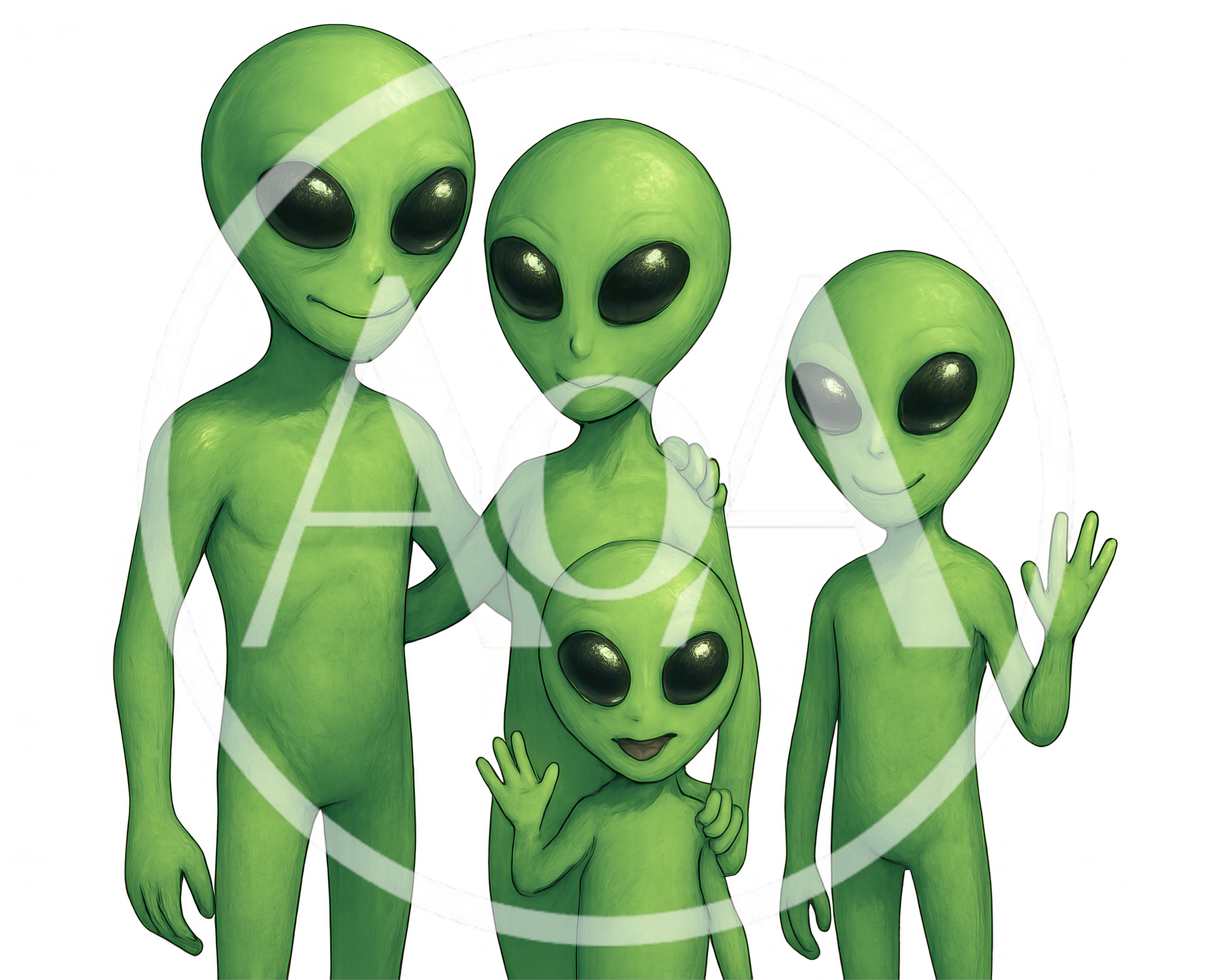 Family Of Four Green Aliens Standing Together