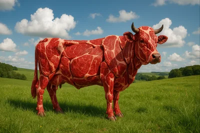 Surreal Cow Made Of Raw Meat In Green Field