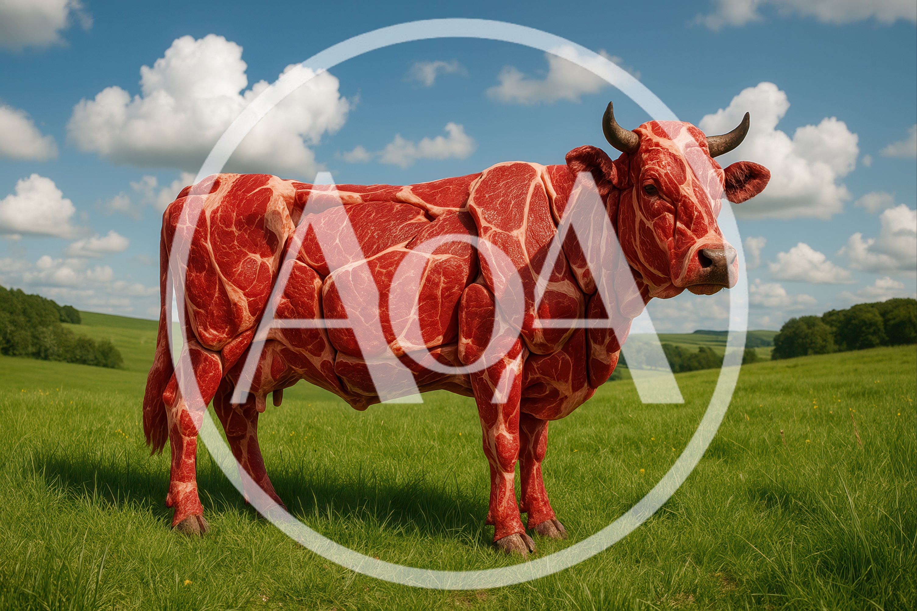 Surreal Cow Made Of Raw Meat In Green Field