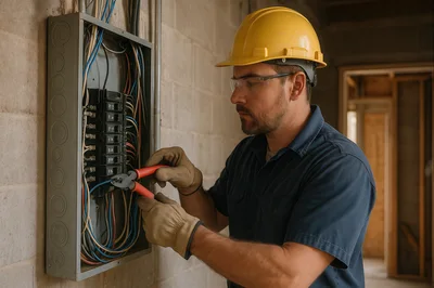 Electrician Working On Residential Circuit Breaker Panel